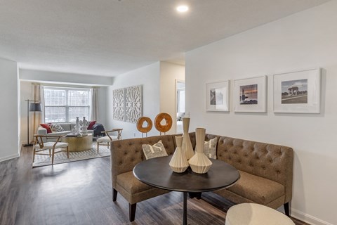 a living room with a couch and a table